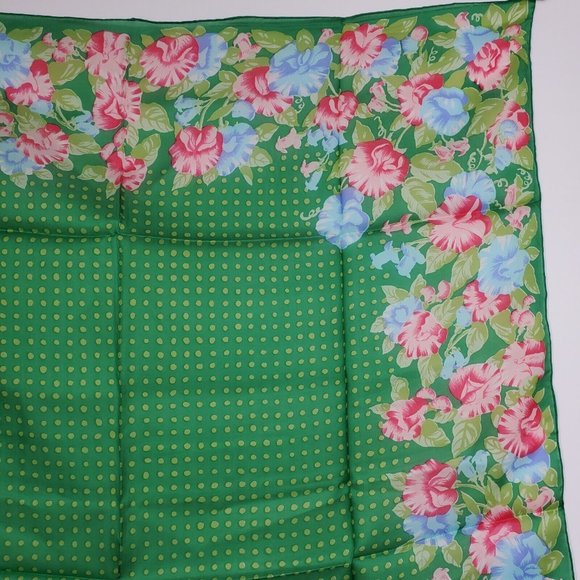 Vintage Silk Scarf Square Green Pink Floral Polka Dot 29"  Hand Rolled - Picture 6 of 10